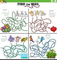 find the way maze games set with funny cartoon characters vector