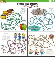 find the way maze games set with funny cartoon characters vector