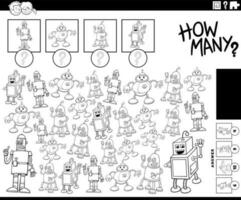 how many cartoon robots counting game coloring page vector