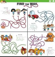 find the way maze game with funny cartoon characters vector