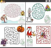 maze activity games set with funny cartoon characters vector