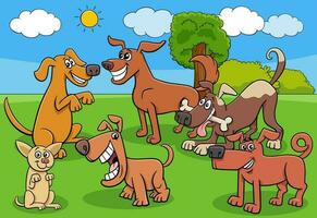 dibujos animados perros y cachorros caracteres grupo en el prado vector