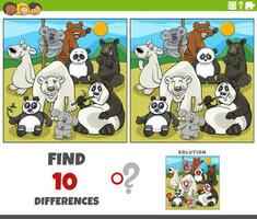 differences game with comic bears animal characters group vector