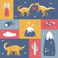 Vector hand drawn flat geometric postcard with dinosaurs and prehistoric elements