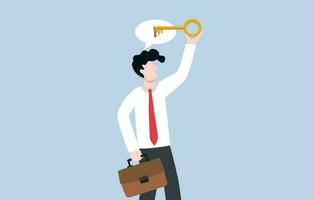 Unlock idea and explore potential, development of thinking, discover creativity to achieve in career or business concept, Businessman inserting key into keyhole of thought bubble. vector