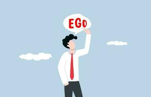 Reducing ego, cultivating humility, recognizing value in different perspective, being open to feedback and constructive criticism, Businessman deflating speech bubble of word EGO with needle. vector