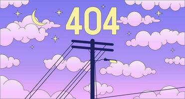 Utility pole on dreamy night sky error 404 flash message. Electrical cable. Empty state ui design, lofi background. Page not found cartoon image. Vector flat illustration concept, synthwave aesthetics