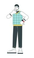 Contemplate pensive young man flat line color vector character. Editable outline full body person on white. Casual guy thinking in full length simple cartoon spot illustration for web graphic design