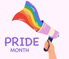 People hold megaphone or loudspeaker with lgbt rainbow. Pride month celebration against violence, discrimination, human rights violation. Vector LGBTQ greeting card, banner or poster.