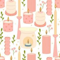 Seamless pattern with candles of various shapes in pastel colors. Vector graphics.