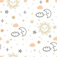 Seamless pattern with suns, moons and stars on a white background. Vector graphics.