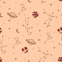 Seamless pattern with constellations, planets and moons on a beige background. Vector graphics.