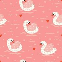 Seamless pattern with cute swans and hearts on a pink background. Vector graphics.