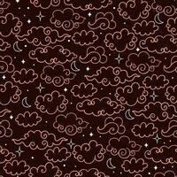 Seamless pattern with clouds, moons and stars on a dark background. Vector graphics.