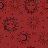 Seamless pattern with suns, moons and stars on a red background. Vector graphics.