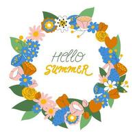 Floral wreath with hello summer phrase vector illustration