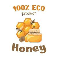 Vintage honey label design elements. Vector logo or emblem with honeybee and honeycombs. Color bee isolated on white background. Concept for organic honey products, package and tag design.