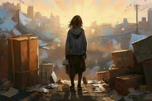 Homeless poor woman garbage. Generate AI photo