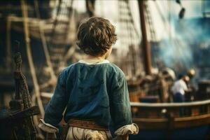 Pirate child boy aboard pirate ship. Generate Ai photo