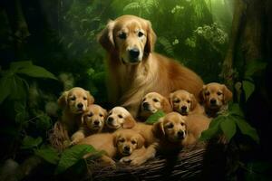 Dog mother with puppies in tropical basket. Generate Ai photo