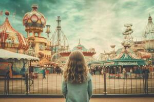 Child girl fun amusement park. Generate Ai photo