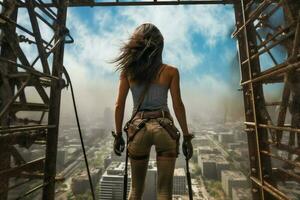 Industrial climber woman skyscraper. Generate Ai photo