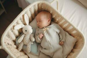 recién nacido bebé juguete conejito dormir. generar ai foto