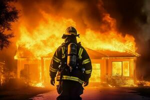 Firefighter man action burning house. Generate Ai photo