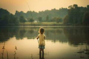 pescador niño pescar vara. generar ai foto