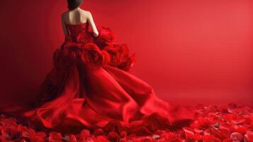 Woman in red dress with rose decor on rose petal floor against red background. AI Generated. photo