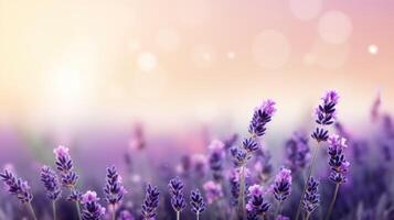 cerca arriba de lavanda en un cremoso rosado antecedentes con circular bokeh y Copiar espacio. ai generado. foto