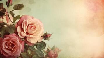 Vintage blush pink roses on a grunge textured background with copy space. . photo