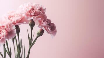 Pink carnations on a pink gradient background with copy space. . photo