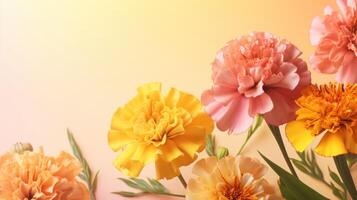 Yellow and pink marigolds on a yellow gradient background with copy space. . photo