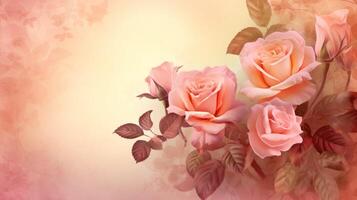 Romantic roses in copy space with soft vignette and yellow center. . photo