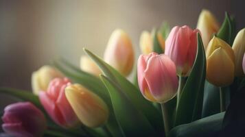 Soft focus sand colored background with pink and yellow tulips arranged diagonally. . photo