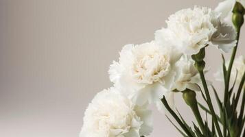 White carnations on a shadowed ivory background with copy space. . photo