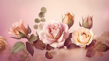 Soft and romantic pink roses with a sweet vignette effect. . photo