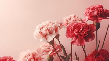 Pale pink and red carnations on a shell pink background with copy space. . photo