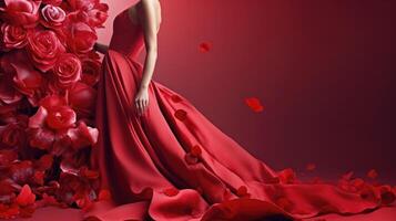 Woman in a long red dress in front of a wall of cascading roses. . photo
