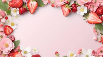 Strawberry and flower frame on pale pink background with copy space. . photo