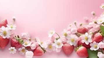 Strawberries and flowers lined up on a pastel pink background with copy space. . photo