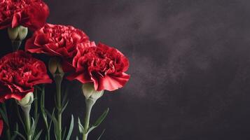 rojo claveles en un carbón gris manchado antecedentes con Copiar espacio. ai generado. foto