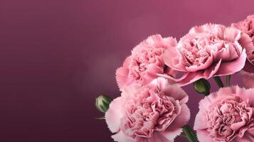 Pink carnations and buds with copy space on a reddish purple background. . photo
