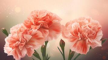 Pink carnations and buds on a sparkling champagne background. . photo