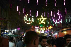 7th April 2023, Zakaria Street, Kolkata, West Bengal, India. Zakaria Street is Beautifully decorated with colorful lights for Ramjan Celebration photo