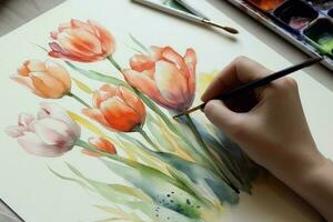 Painting tulips workshop. Generate Ai photo