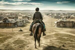 Mongolian ancient child boy on horse. Generate Ai photo