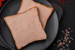 Delicious crispy toast with chicken or goose pate with salt and spices photo