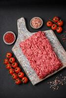 Raw ground beef or pork on a wooden cutting board with spices and salt photo